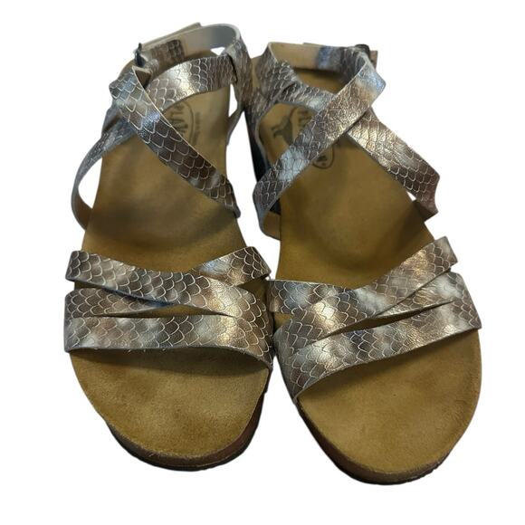 Women 41 10 Plakton Platform Wedge Sandals Shoes Strappy Leather Gold Print - Picture 2 of 8